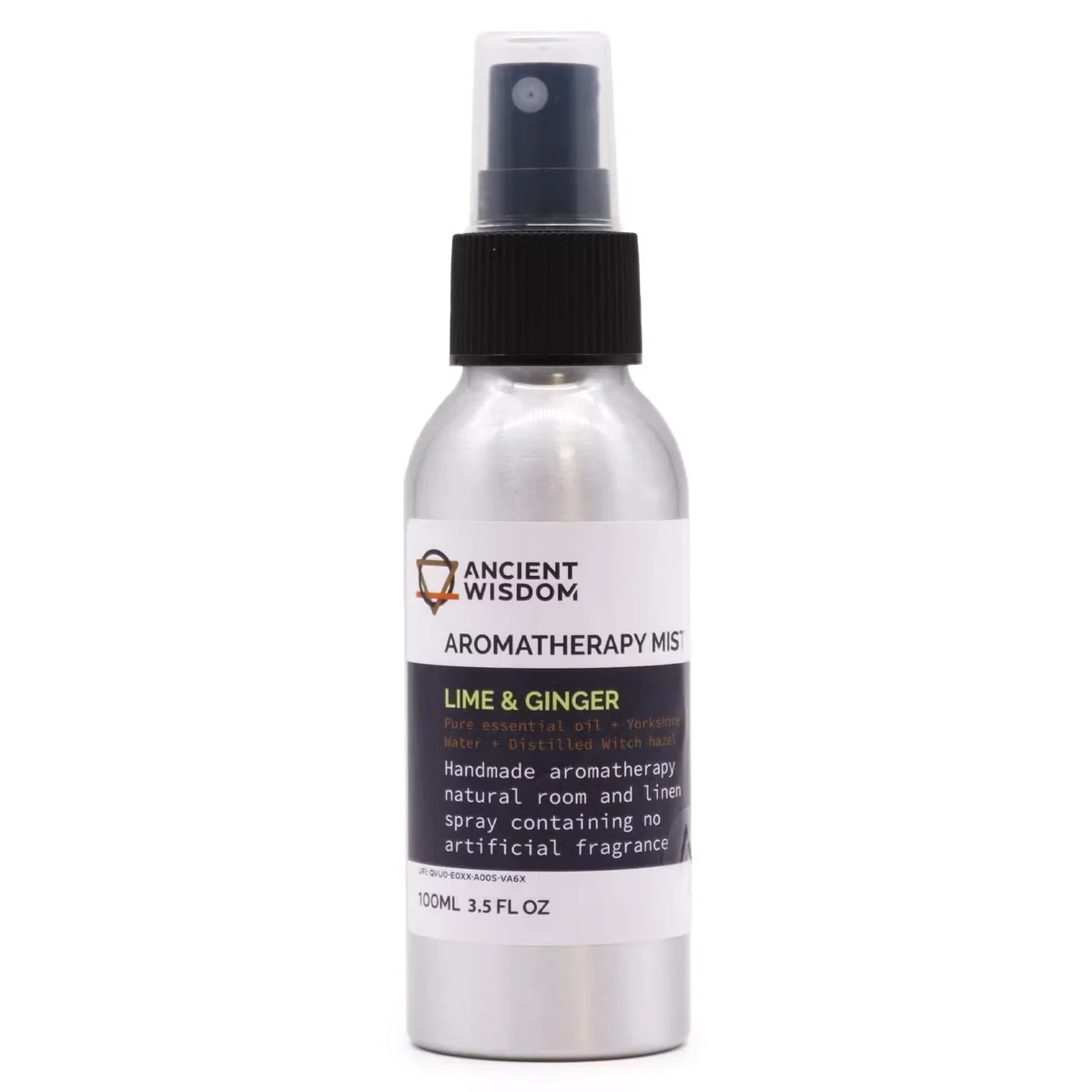 100ml bottle of lime essential oil mist, green label with lime and ginger illustration.
