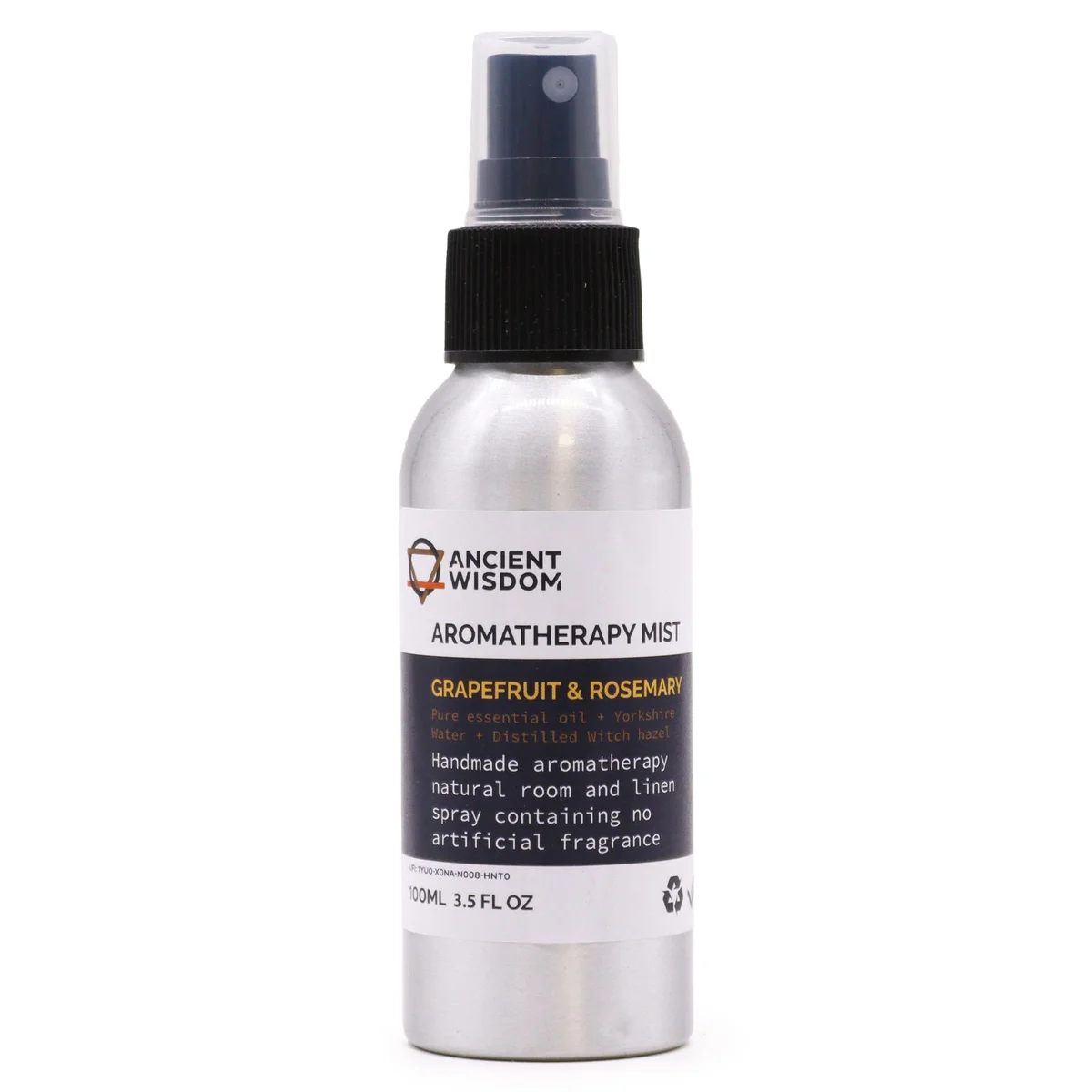 100ml clear glass bottle of grapefruit rosemary essential oil, label with fruit and rosemary design