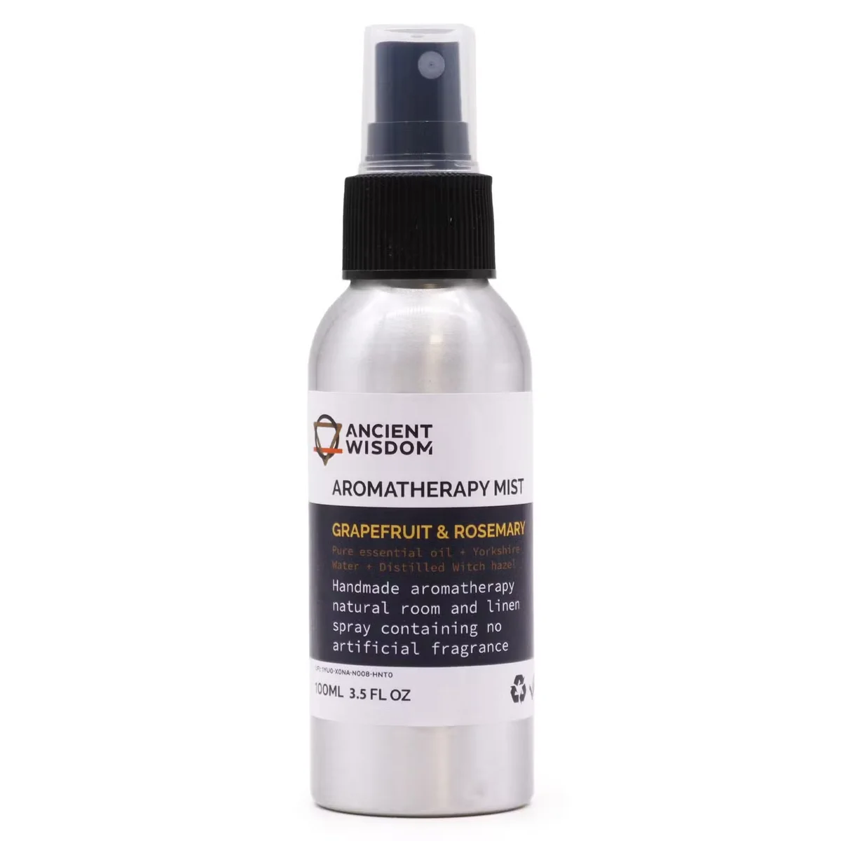 Clear glass bottle with green label, 100ml grapefruit and rosemary essential oil mist, labeled rosemary essential oil