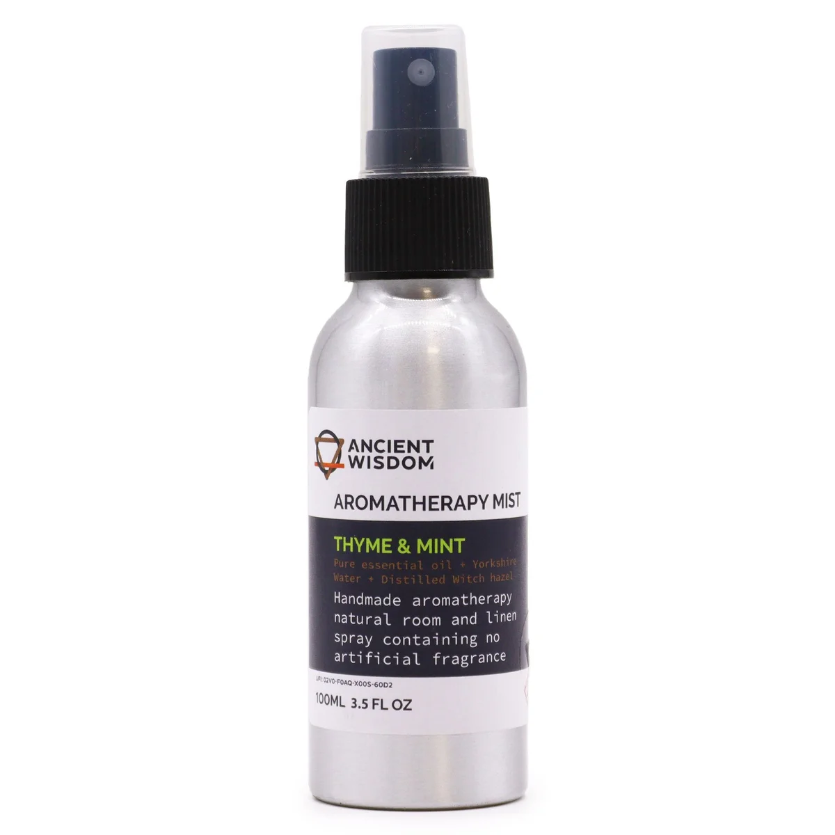 Clear 100ml bottle of thyme mint essential oil, green label.