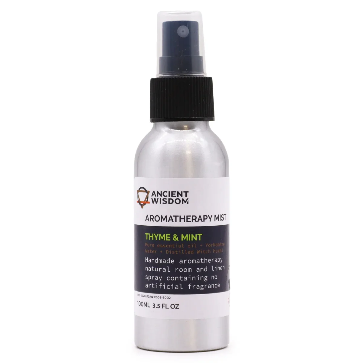 Transparent glass bottle 100ml, labeled “Essential Oil Mist – Thyme & Mint”, showing clear liquid inside.
