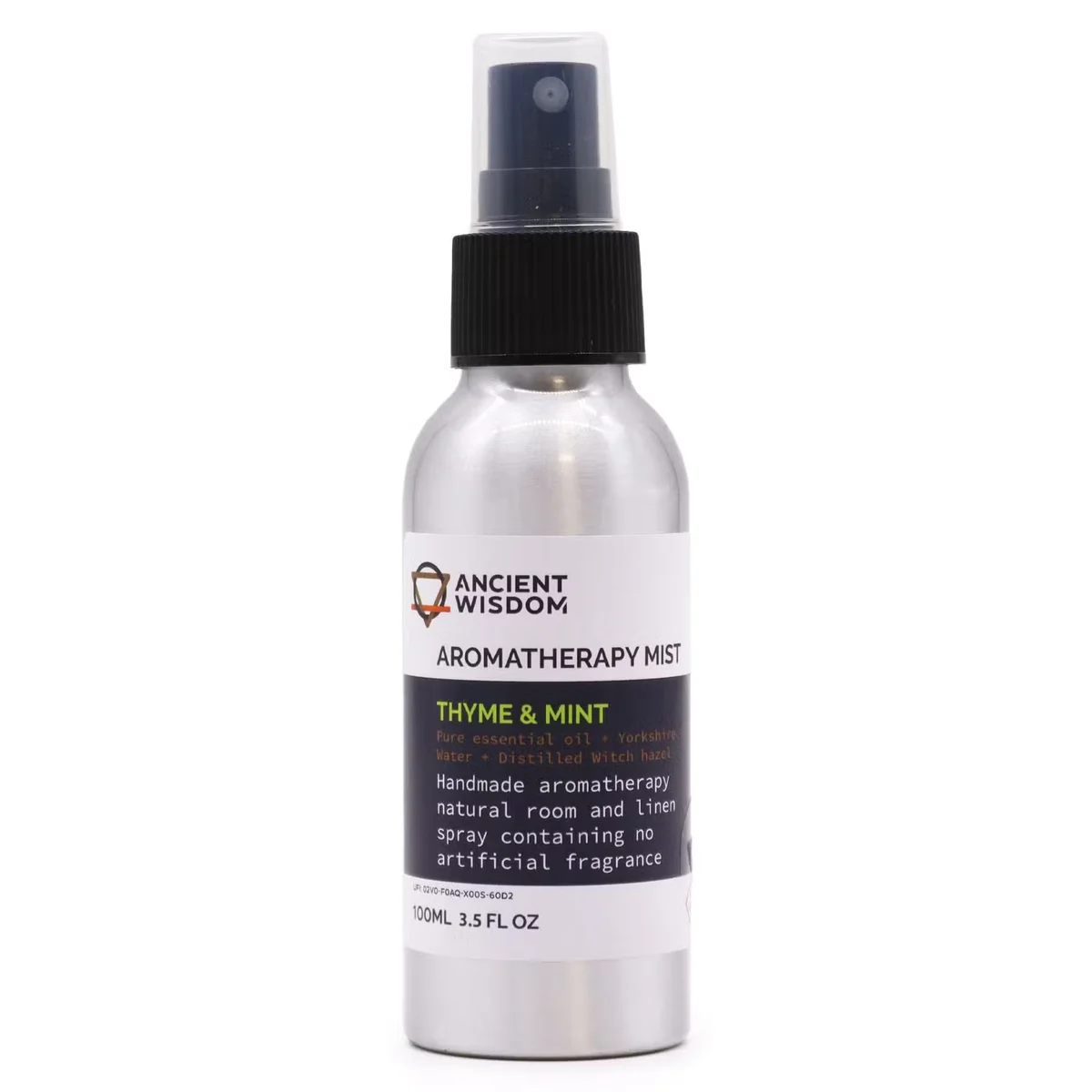 Clear glass 100ml essential oil mist bottle with spray nozzle, labelled Thyme & Mint, showcasing thyme essential oil mist.