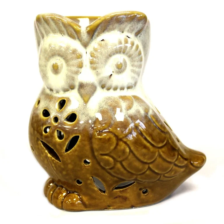 Classic rustic owl oil burner side‑on view, displaying detailed wooden finish.