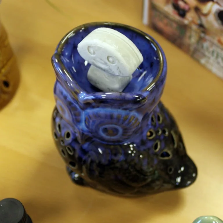 Classic rustic oil burner shown side‑on, featuring an owl design, available in assorted colours.