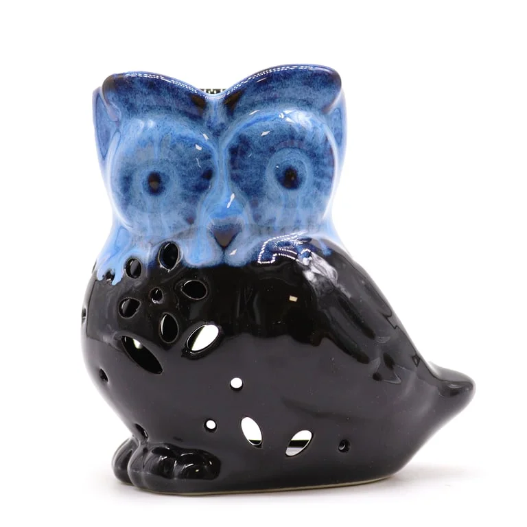 Side‑on view of classic rustic oil burner figurine shaped as an owl, displayed in assorted finish.