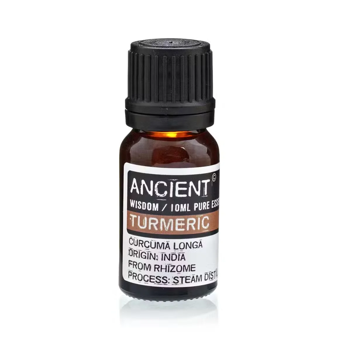 Turmeric essential oil bottle in a clear glass container with label, showing 10ml size.