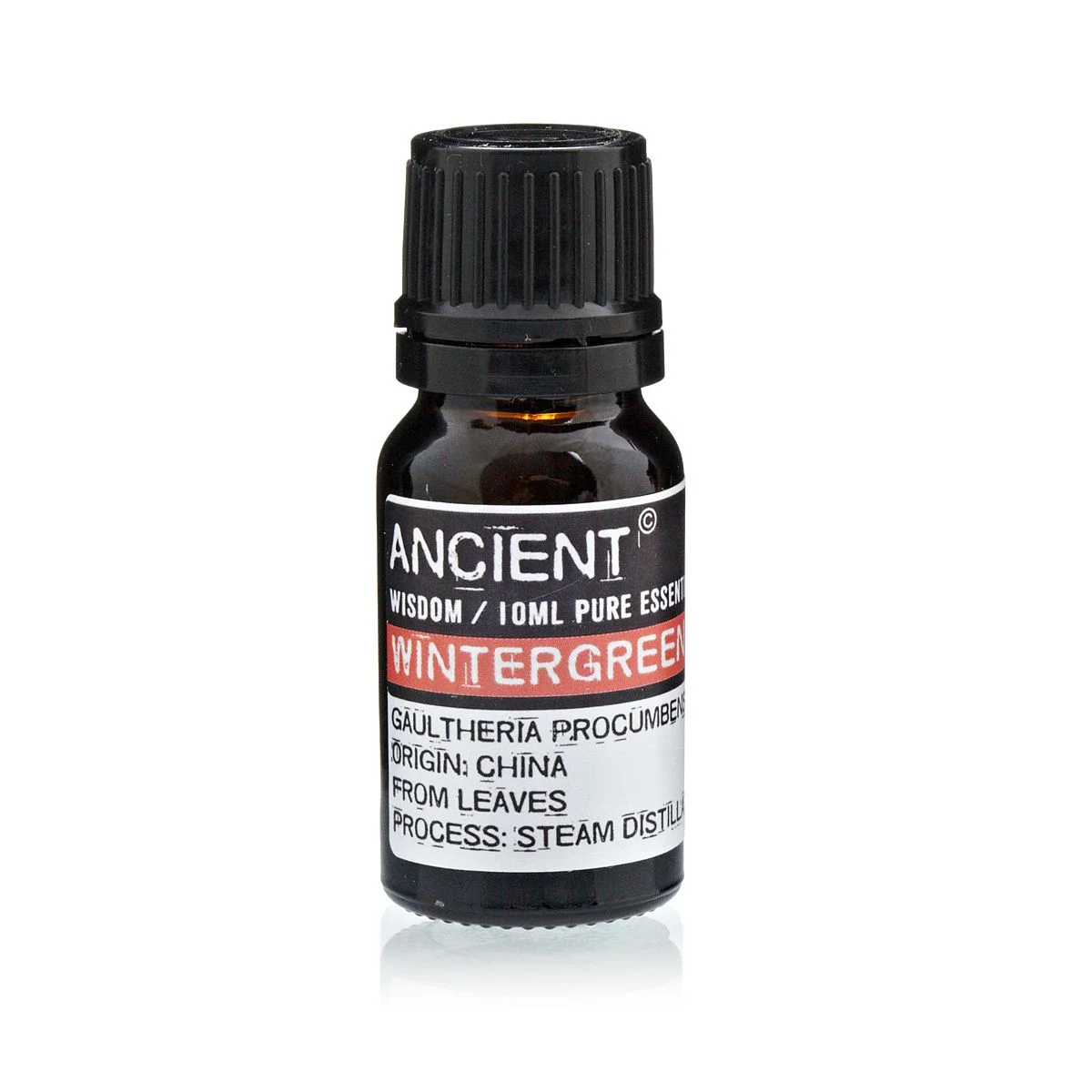 Glass bottle of wintergreen essential oil, 10ml, with dark green liquid and clear label.