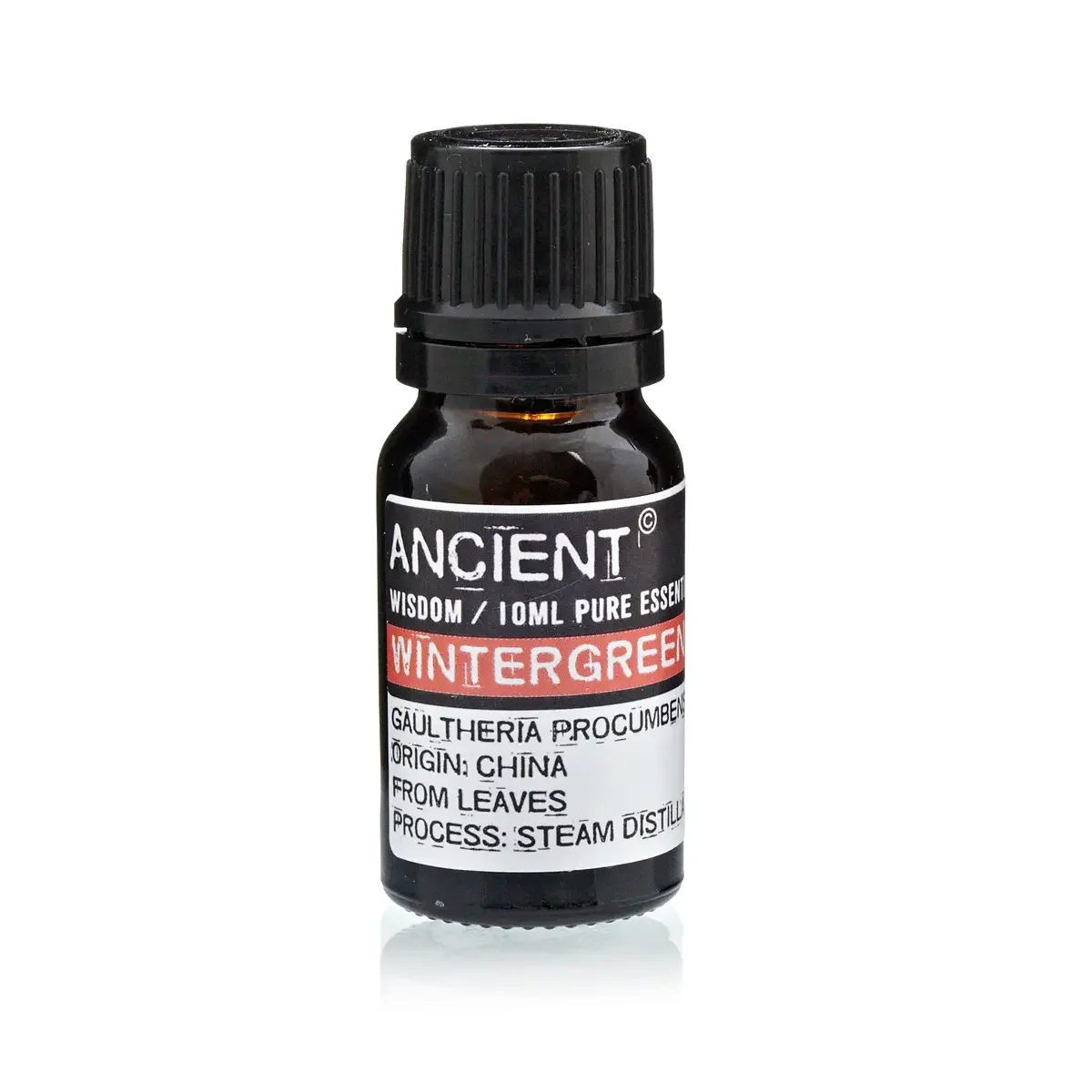 Clear glass 10ml bottle with dark liquid of wintergreen oil shown on a neutral background.