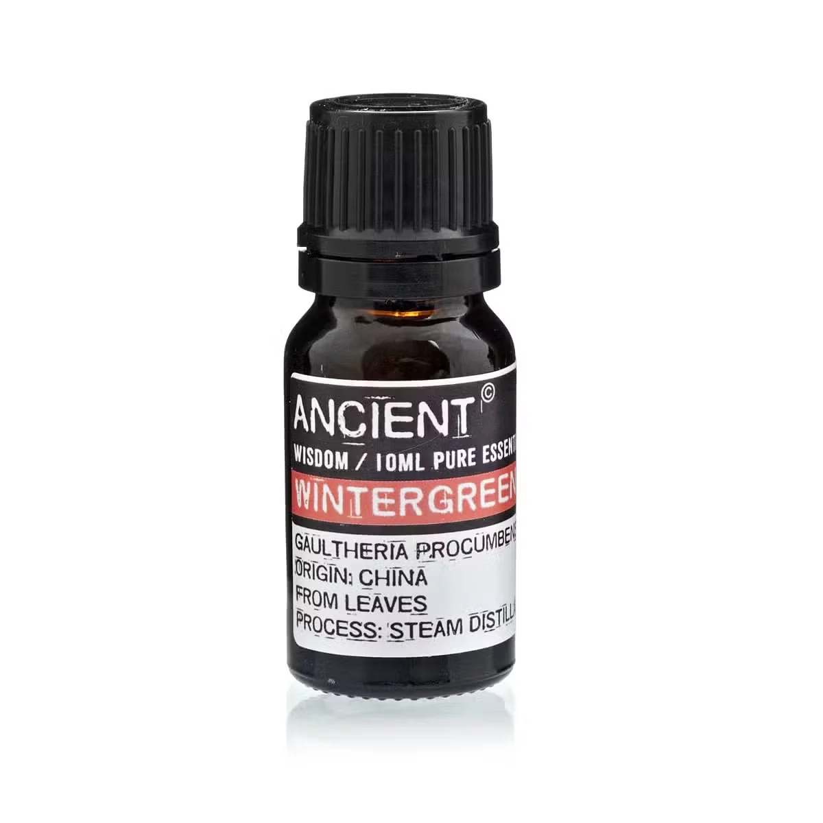 Clear glass bottle of wintergreen essential oil 10ml with labelled cap.