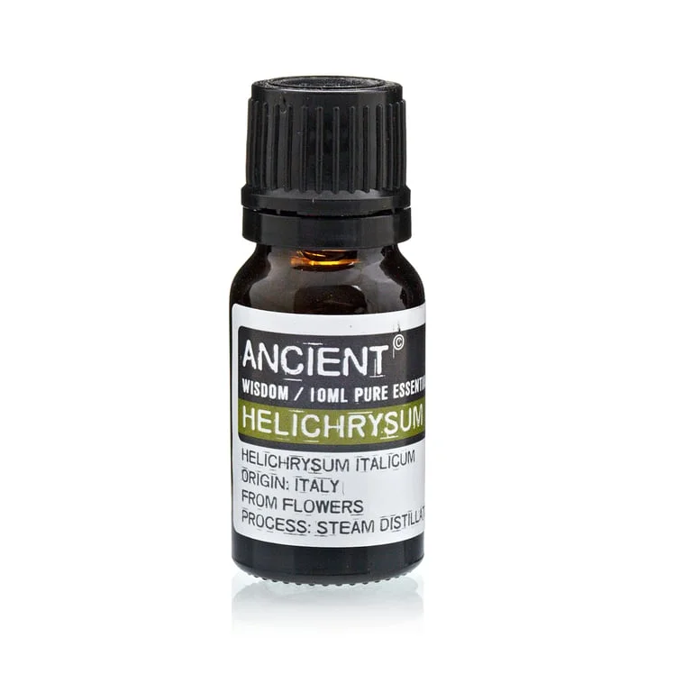 Small glass 10ml bottle of Helichrysum essential oil with clear label and dropper cap