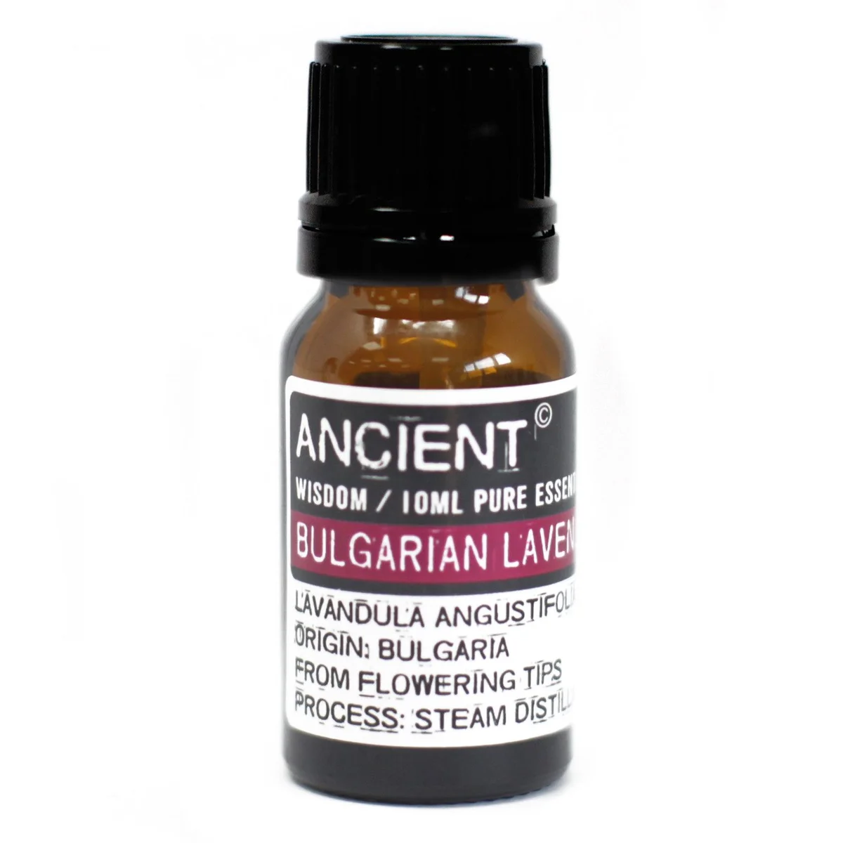 Amber glass bottle of Bulgarian lavender essential oil 10ml, label visible.