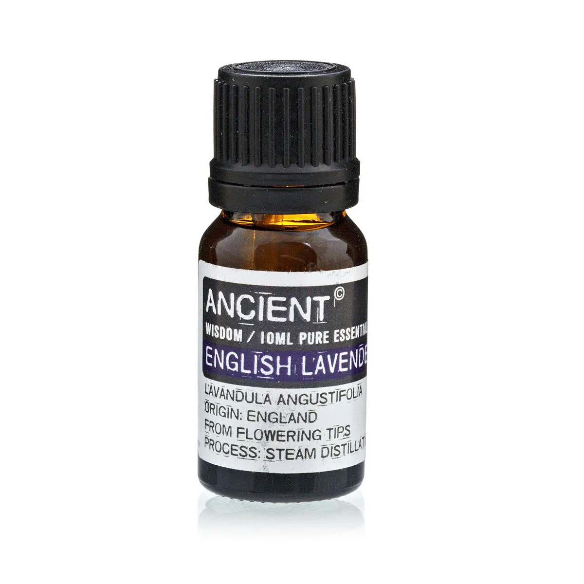 Small amber glass bottle 10ml English lavender essential oil, snug neck, label printed in dark green text.