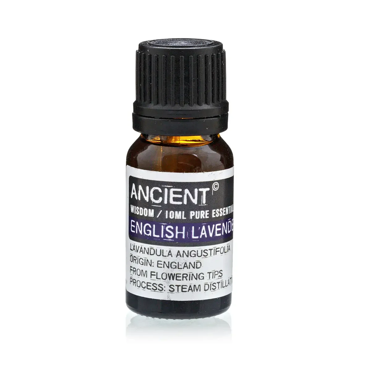10 ml glass bottle of lavender essential oil, amber liquid and a white label.