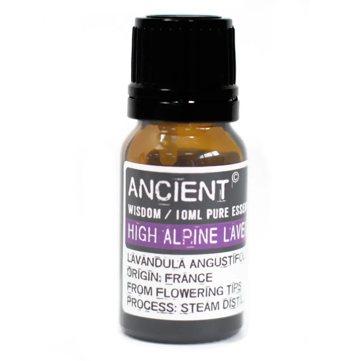 Small glass bottle of high alpine oil, lavender essential oil 10ml, with a cloth label.