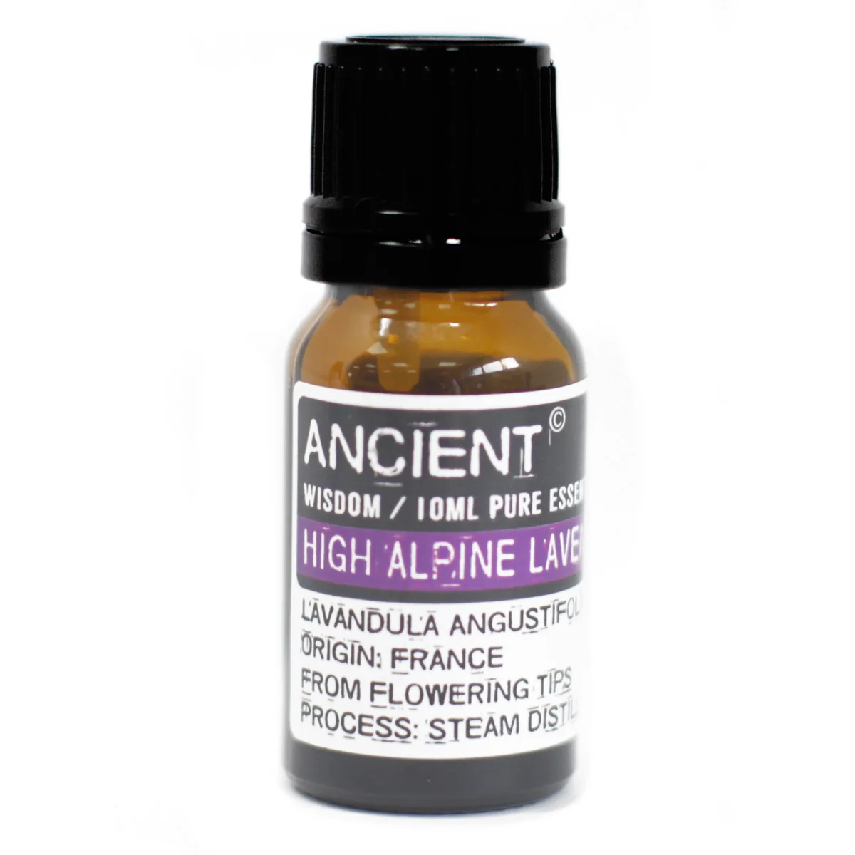small glass bottle (10ml) showing High Alpine Lavender Essential Oil