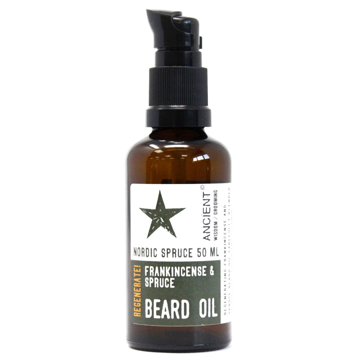 Clear glass bottle of 50ml Nordic Spruce beard oil with metal cap