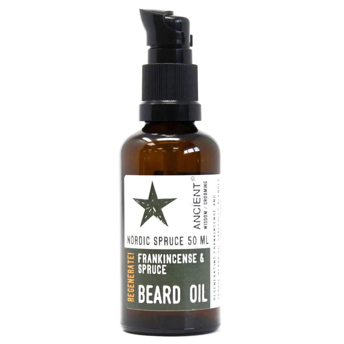 50ml beard oil bottle, Nordic Spruce scent, Regenerate.