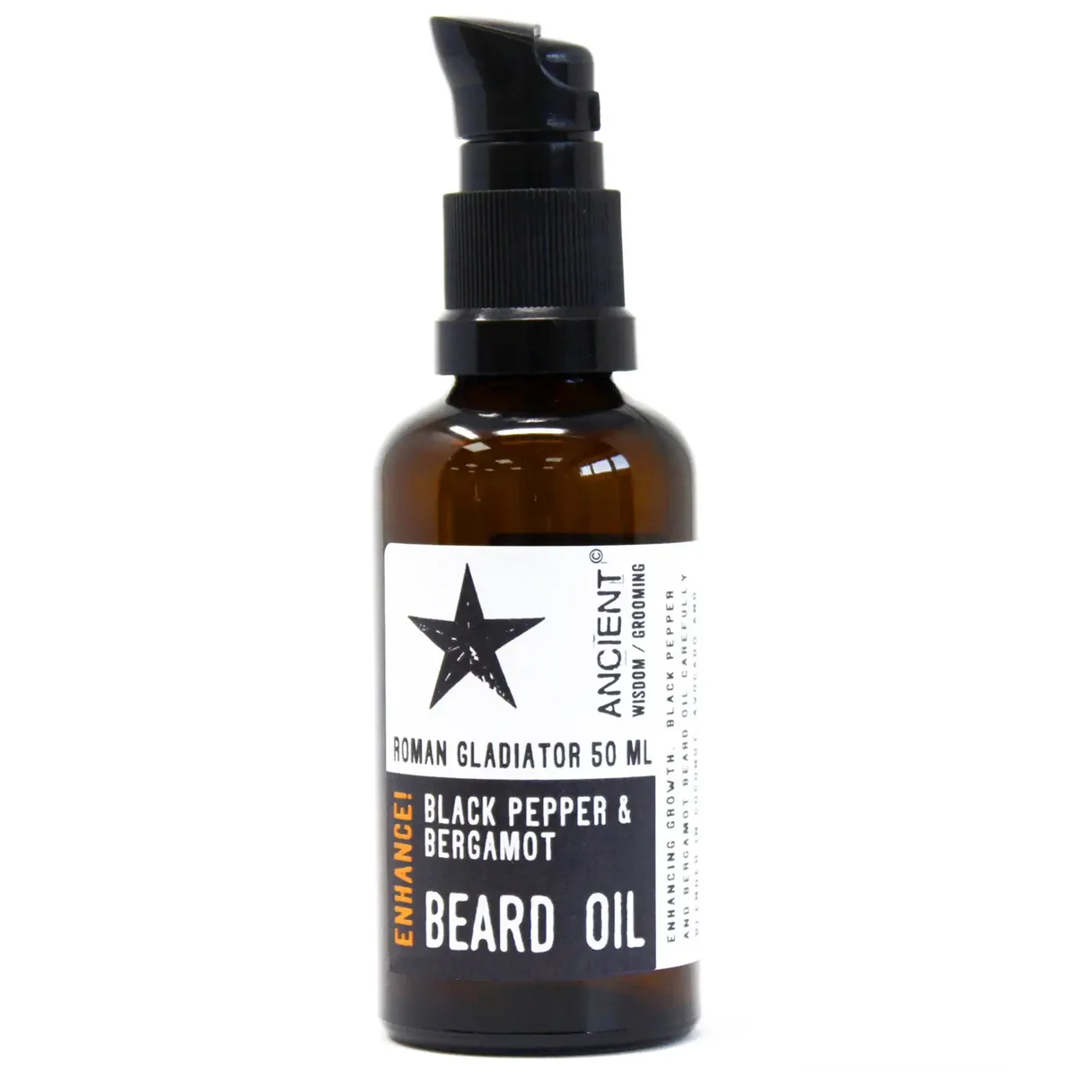 Bottle of 50ml beard oil, Roman Gladiator label, clear glass bottle with silver cap and wooden/wooden stopper.