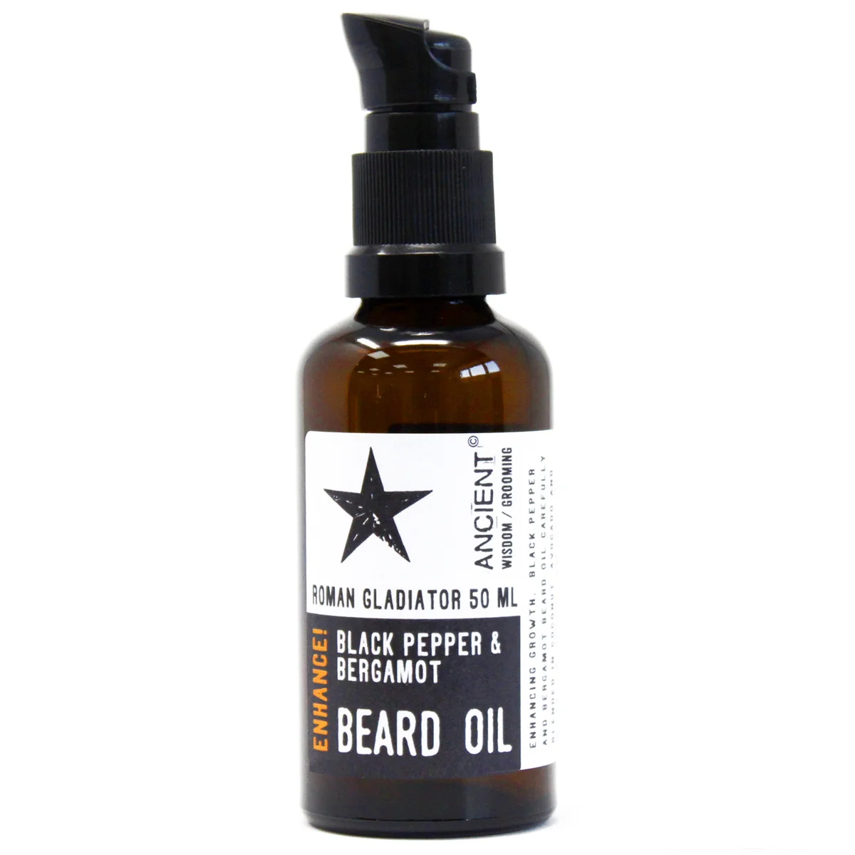Amber glass bottle, 50ml men’s beard oil, labeled “Roman Gladiator – Enhance”