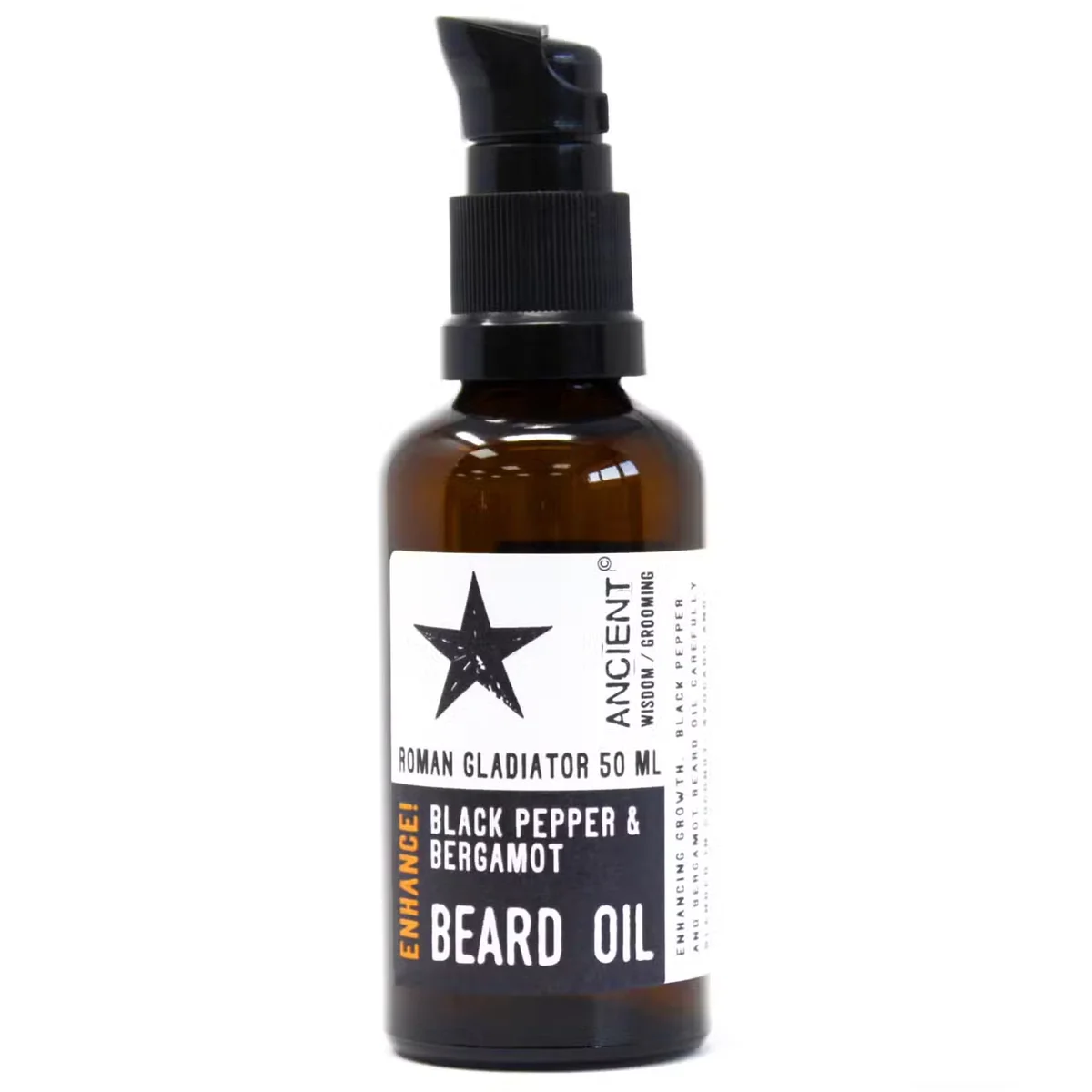 50ml bottle of Roman Gladiator beard care oil with silver cap and glass label