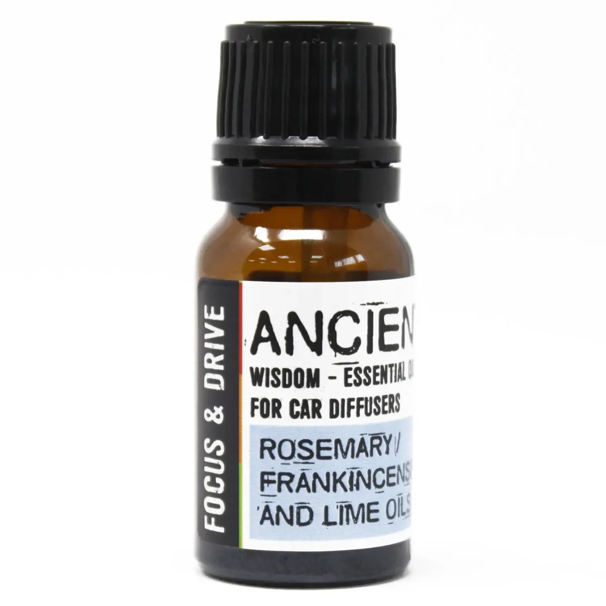 10ml car aromatherapy blend bottle in a clear glass with the Focus & Drive label.