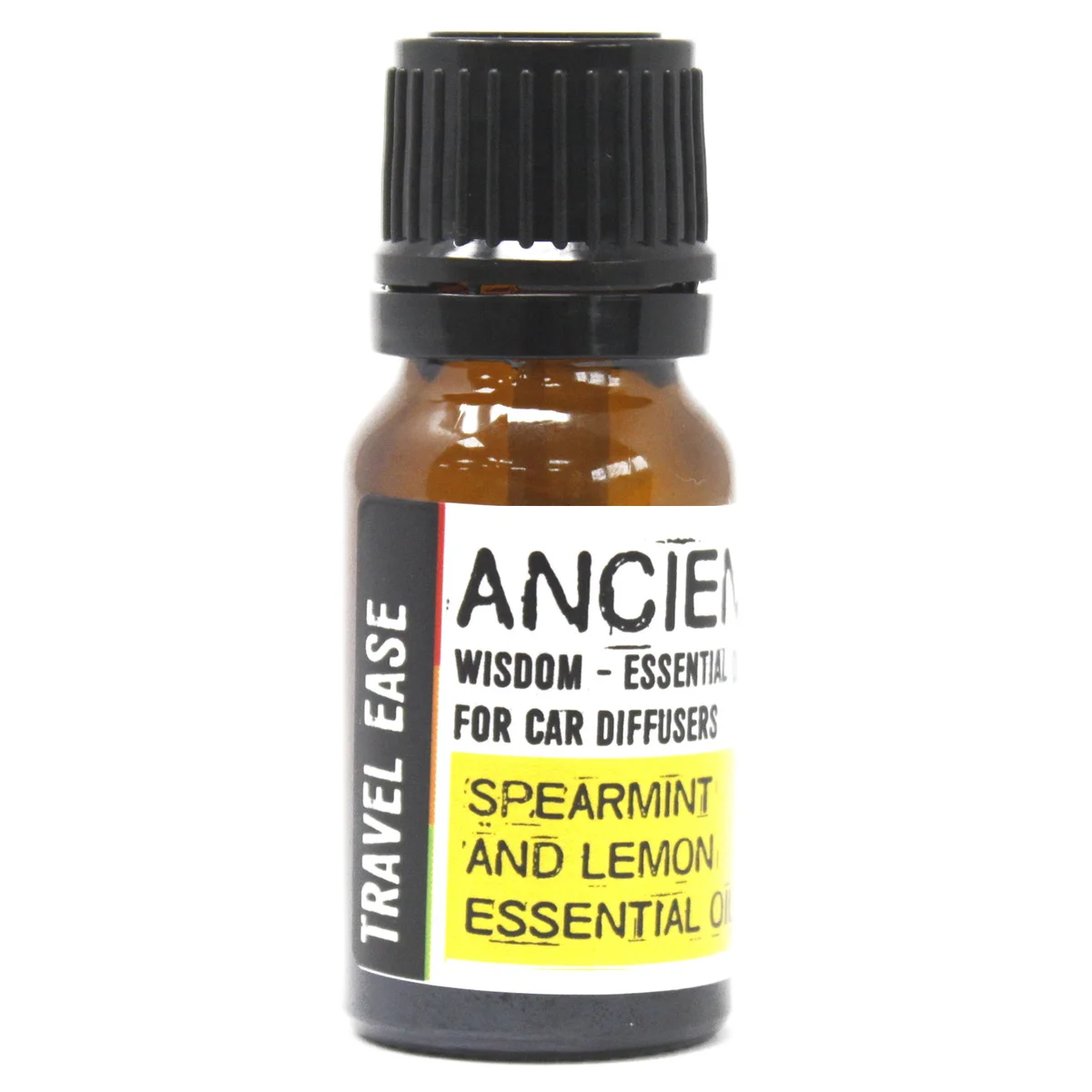 10ml aromatherapy car blend in a clear glass bottle with Travel Ease label, standing on a car dashboard.