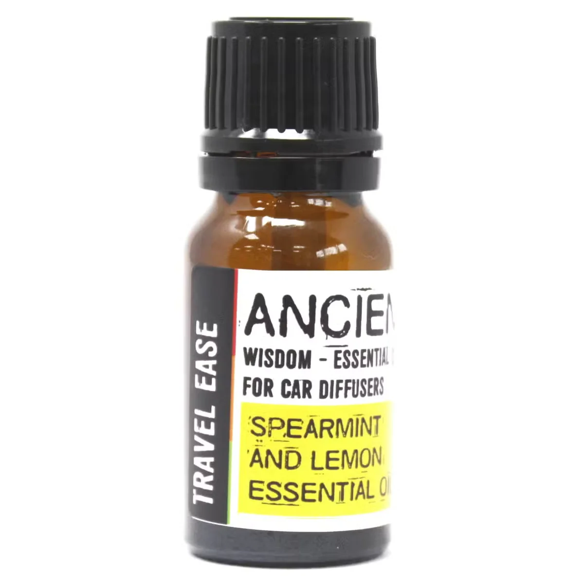10ml bottle of travel ease aromatherapy car blend, clear glass, silver cap on a neat table.