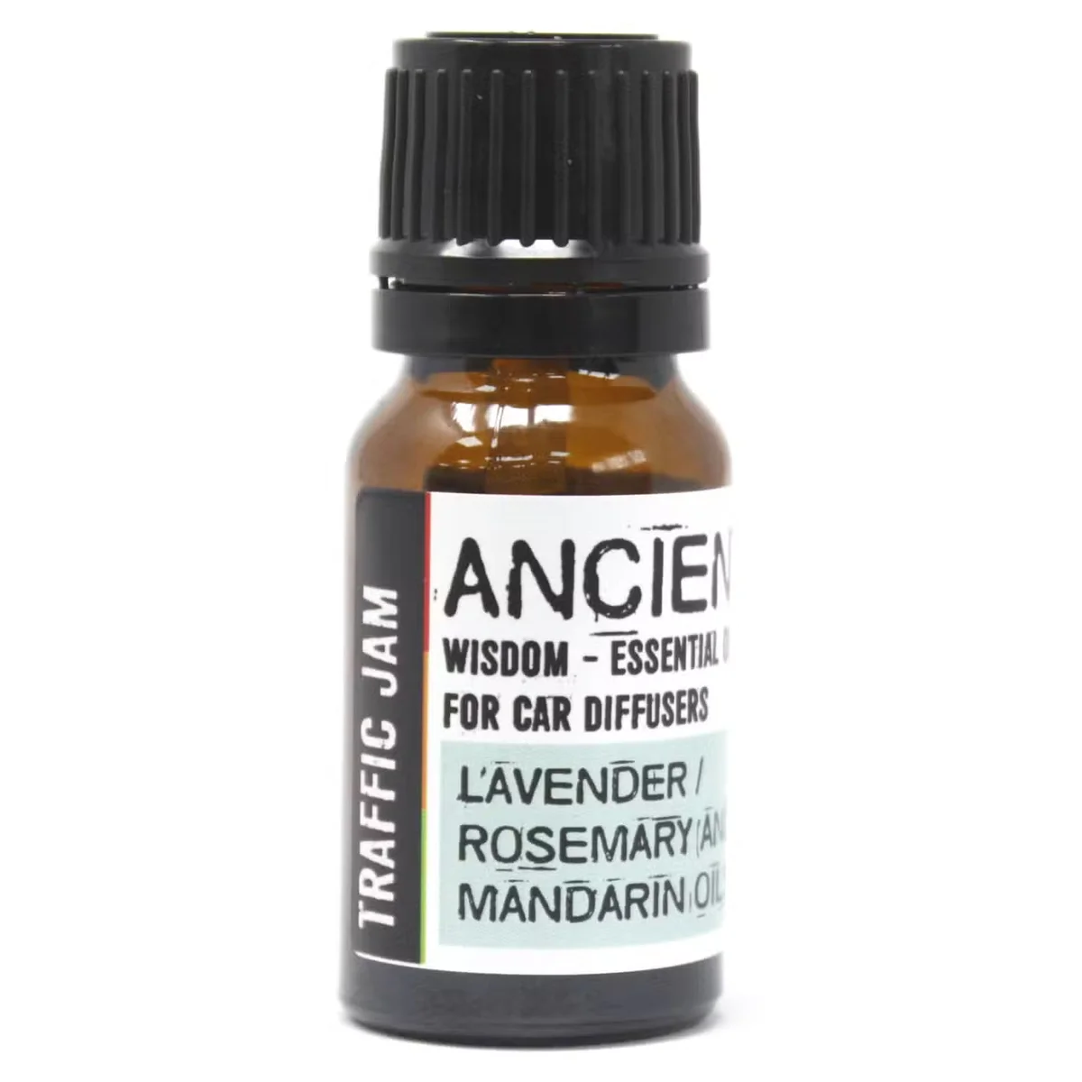 10ml bottle of car fragrance oil aromatherapy blend 'Traffic Jam' with clear label, shown on a desk surface.