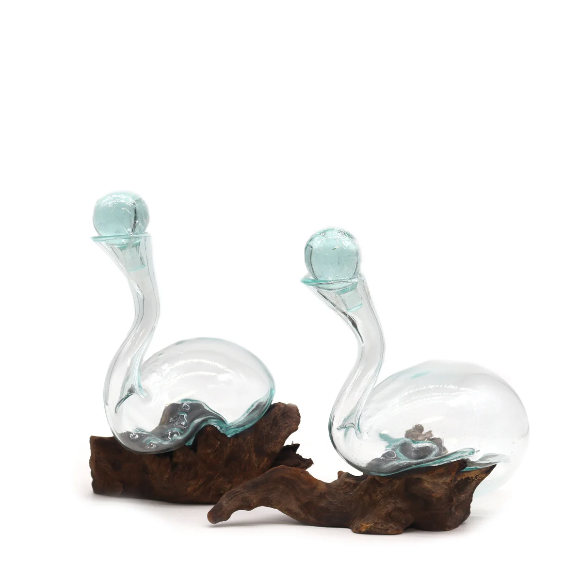 Wine decanter with molten glass, displayed as a sleek wood base decanter, transparent bottle with flowing glass top
