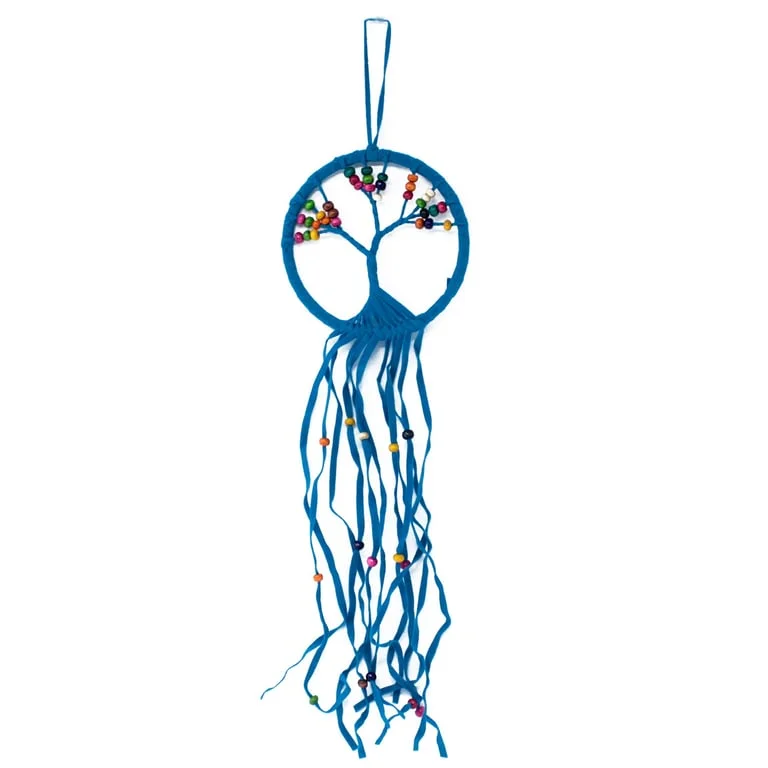 Assorted 12cm Tree of Life dreamcatcher with intricate web and hanging feathers on a white background