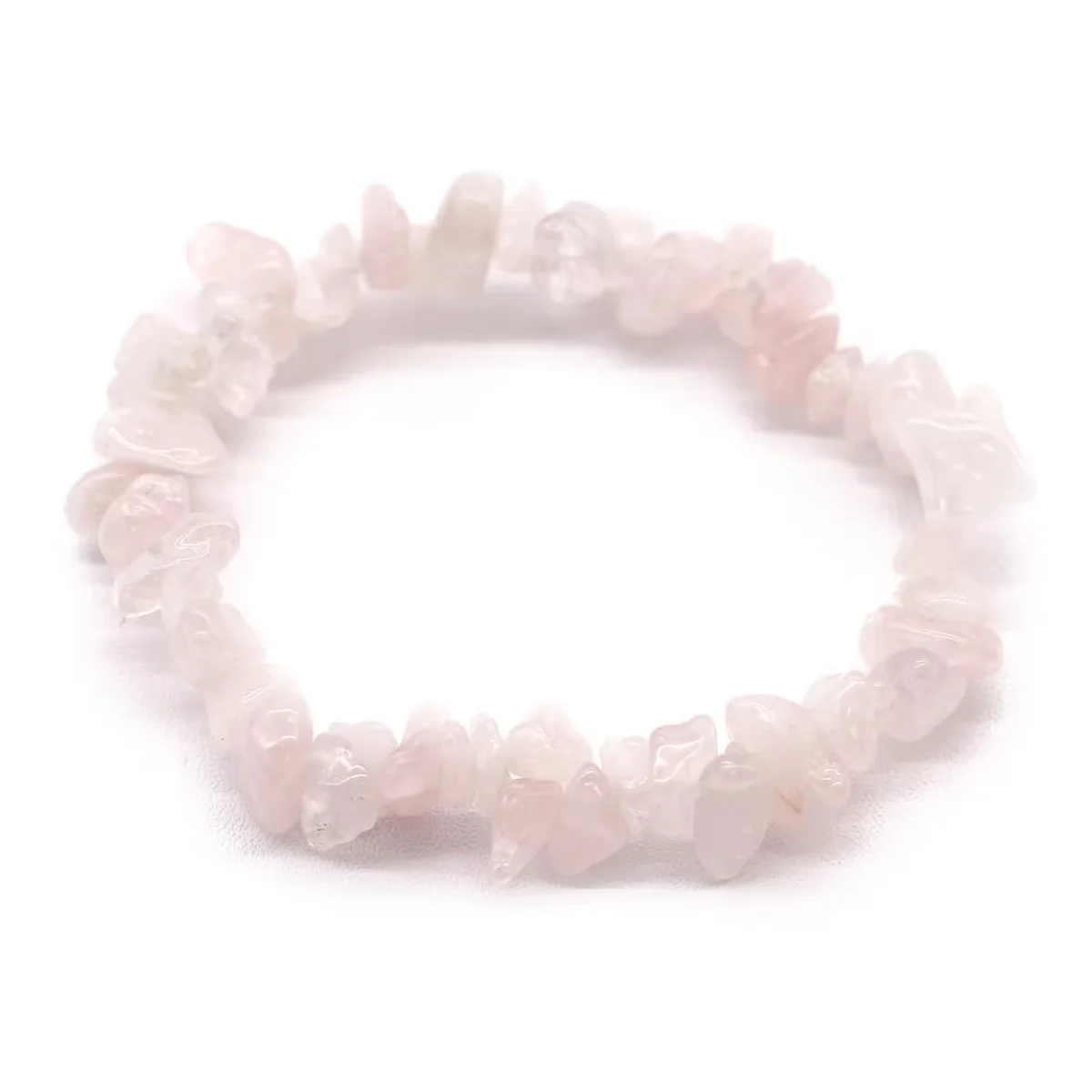 Chipstone bracelet with rose quartz accessory, front view of polished beads.