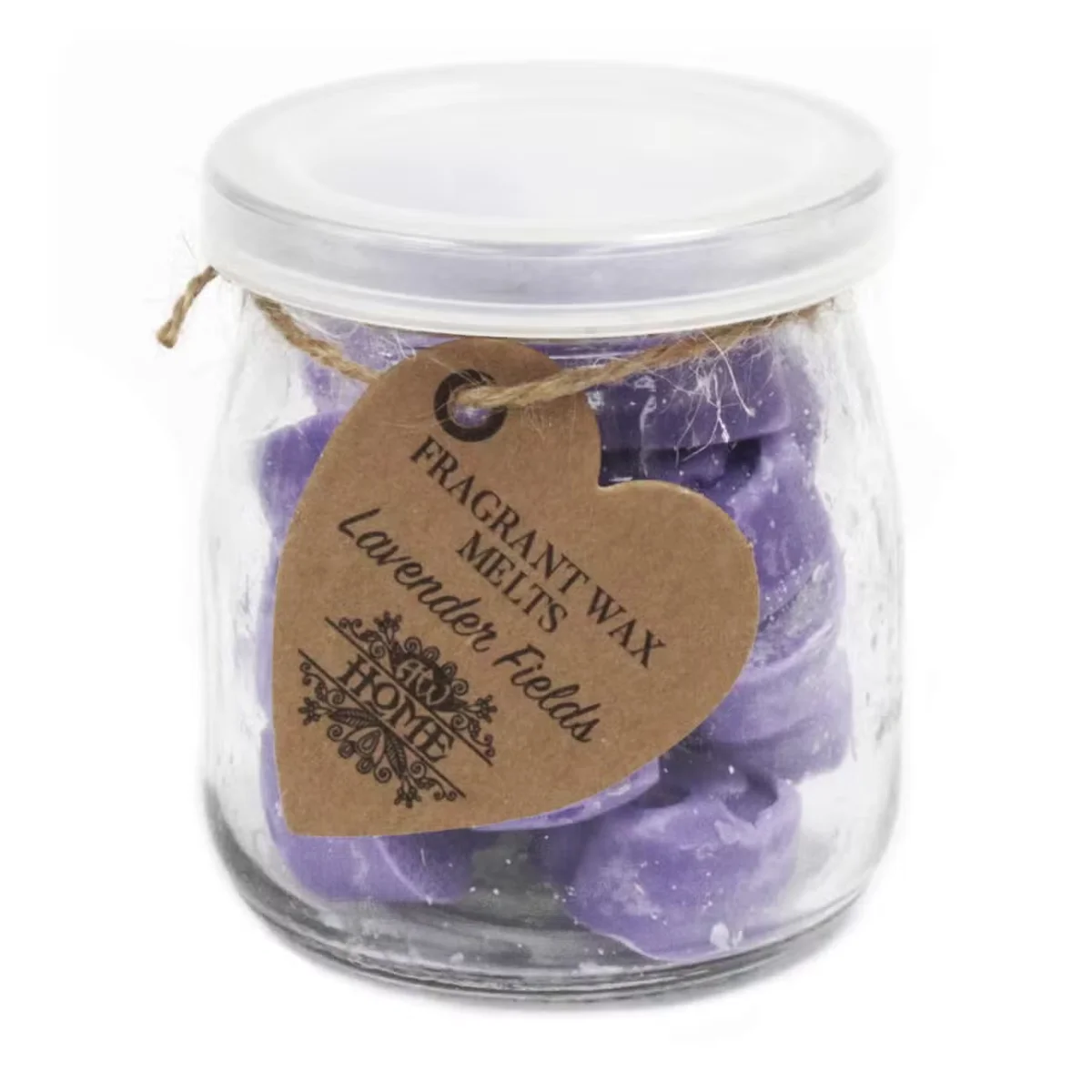 Lavender wax melt jar containing soy wax melts, clear glass container.