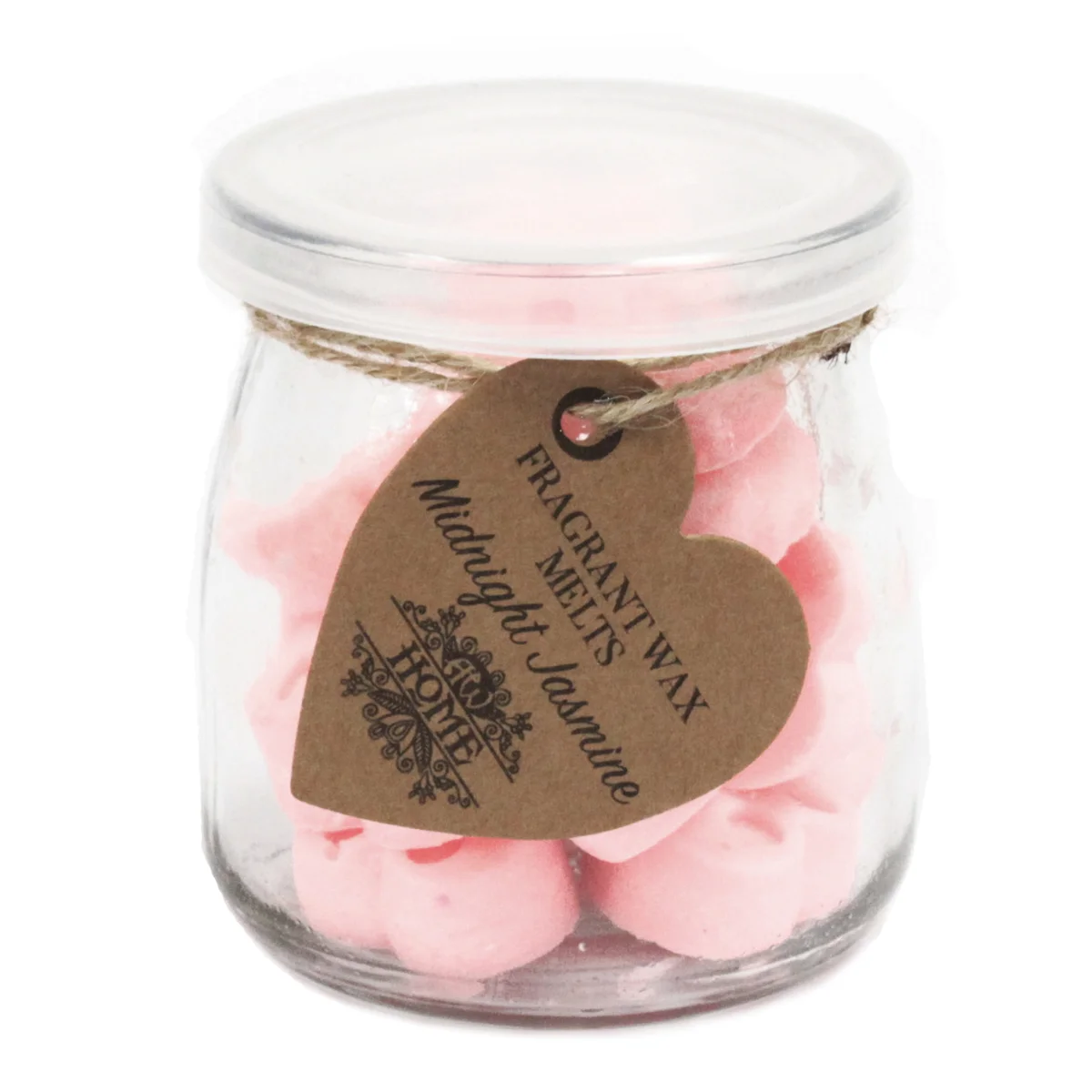 Soy wax melts in a clear glass jar, label reads “Midnight Jasmine”, amber melt sticks visible.