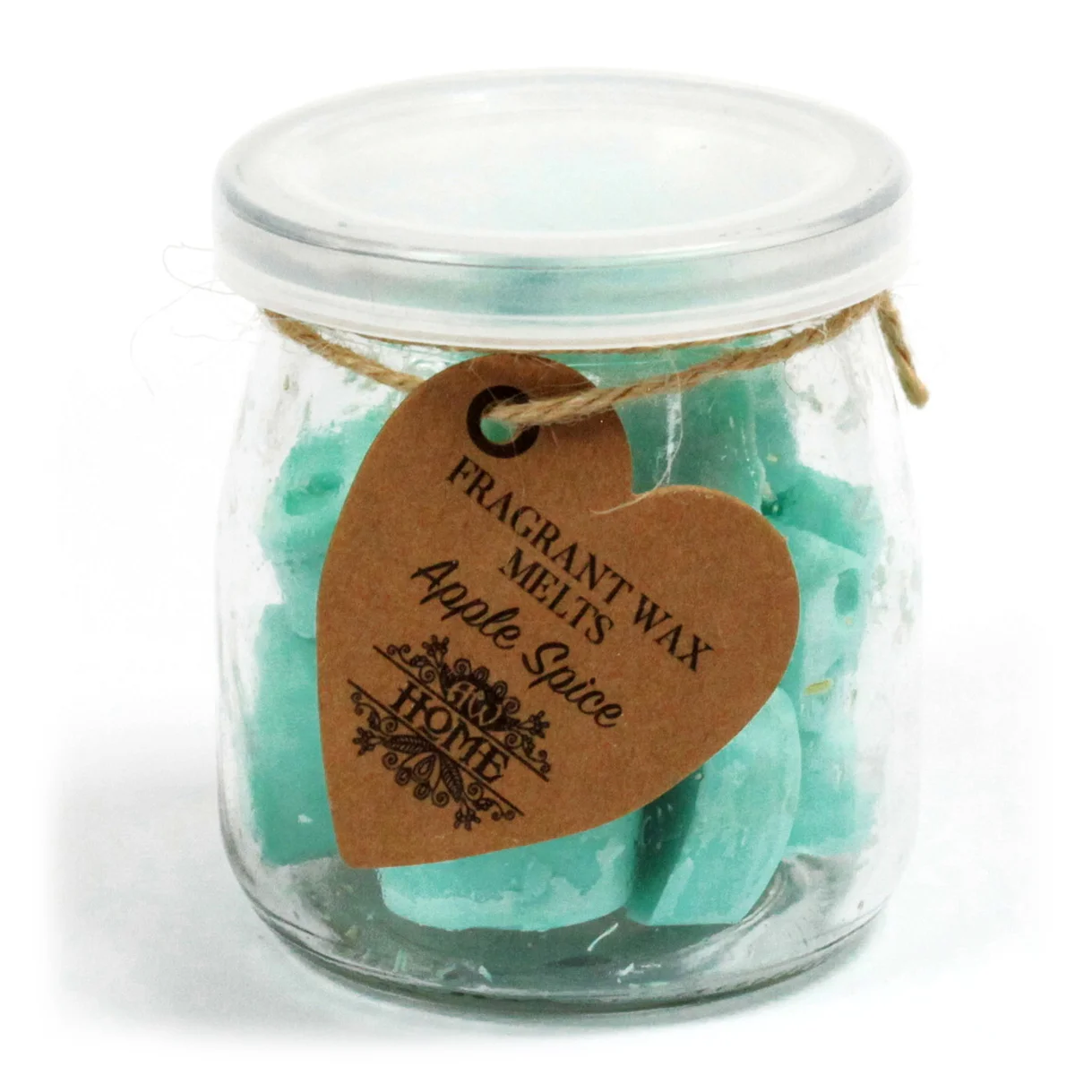 Amber soy wax melt jar stamped Apple Spice, showing a small wax block ready to melt into apple spice fragrance.