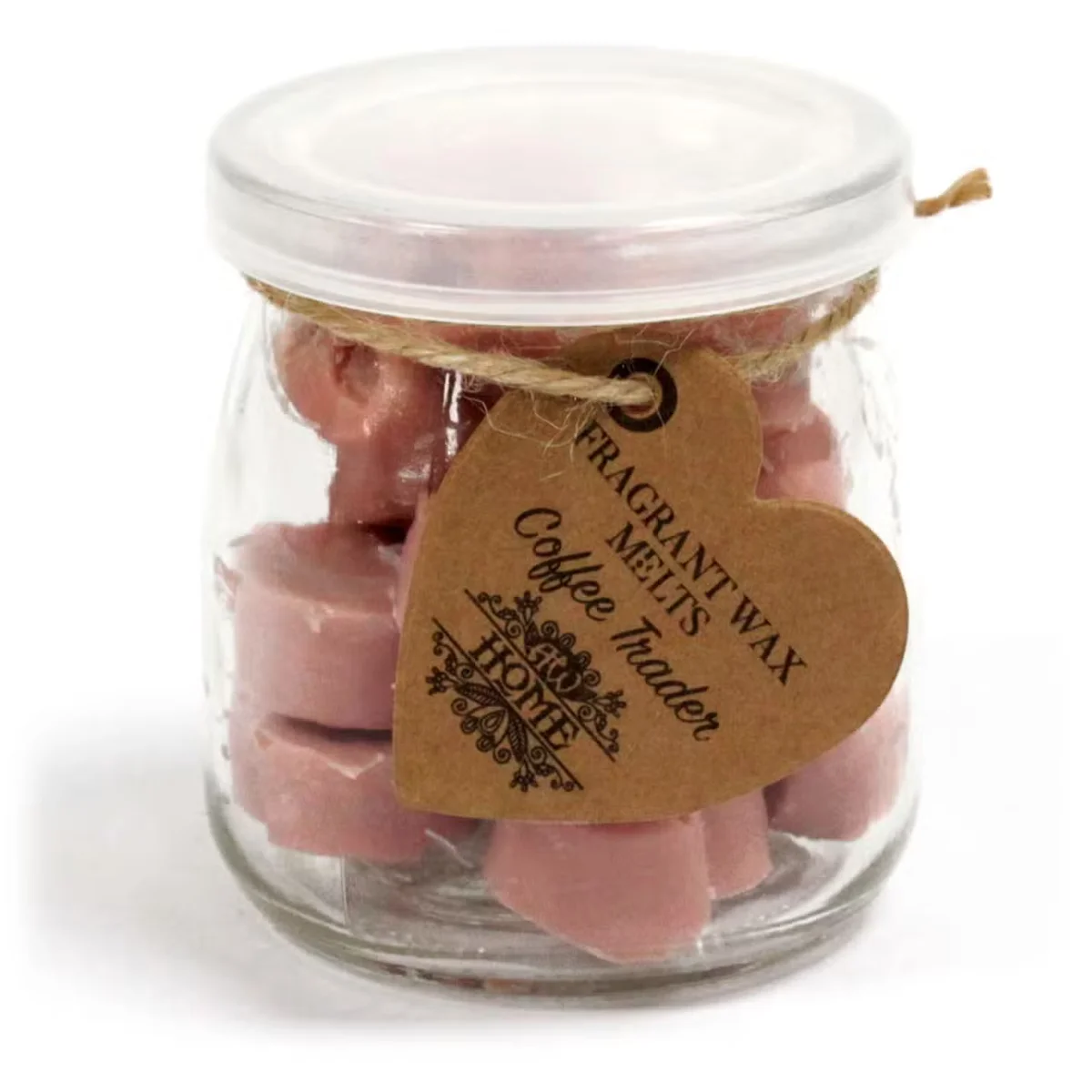 Wax melt jar containing coffee scented soy wax melts, displayed in a glass jar with a coffee-themed label