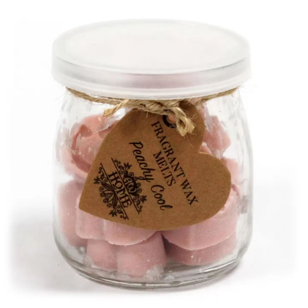 Soy wax melts jar in peachy cool, glossy jar with screw cap and delicate label.