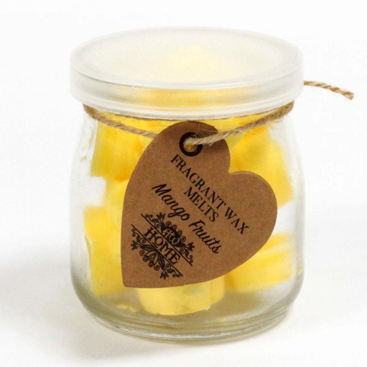 Soy wax melts jar in a glass container, featuring a bright mango fruit label and soft yellow wax melts inside