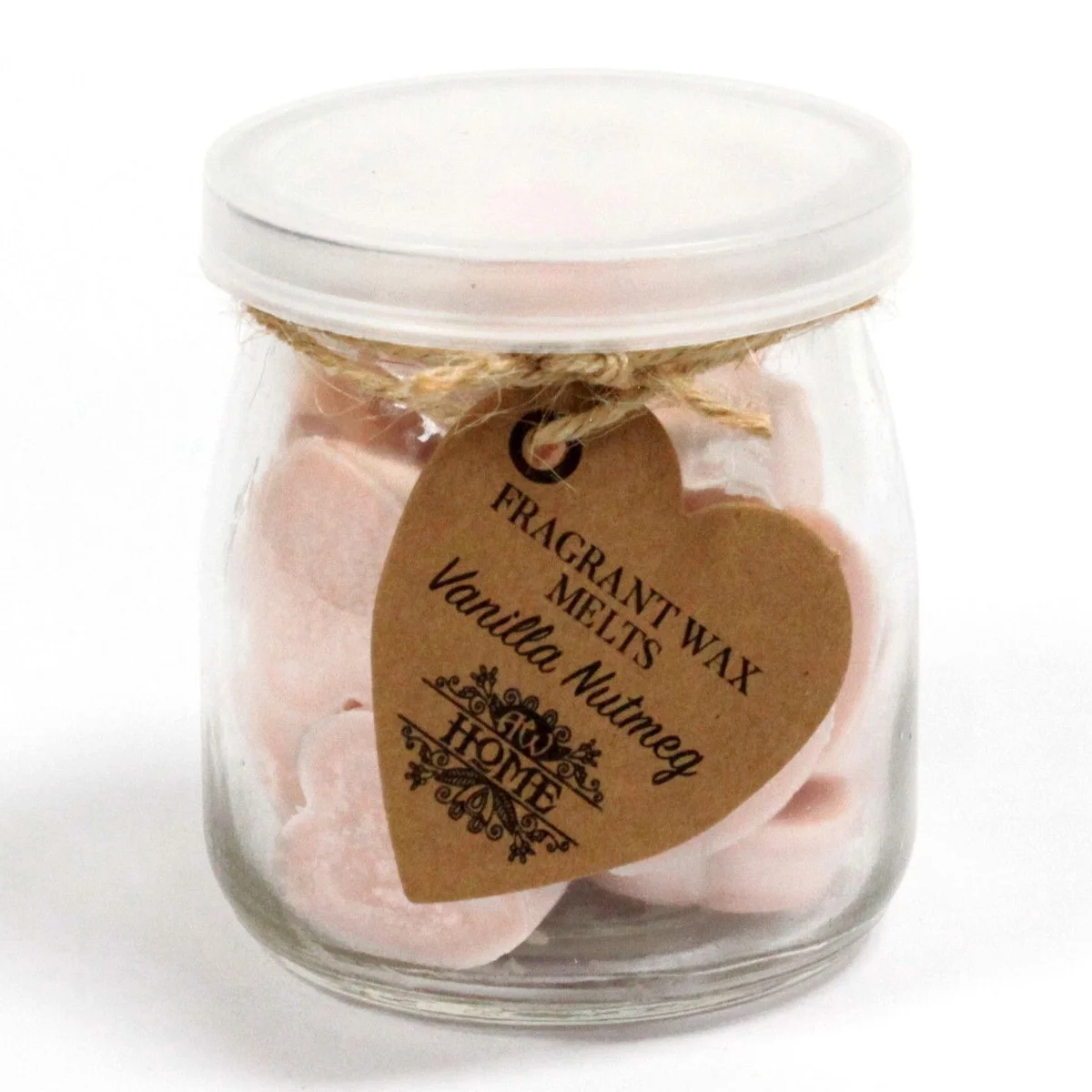 Soy wax melts jar, vanilla nutmeg wax melt, in clear glass with soft orange wax and black ergonomic lid.