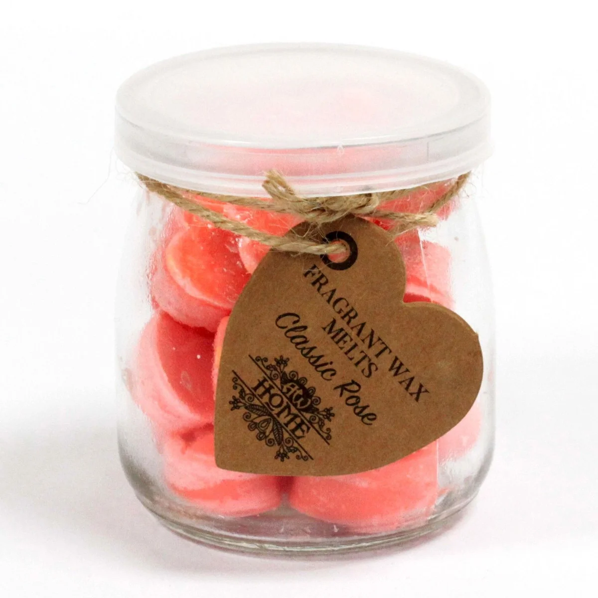 Soy wax melts jar filled with rose scented wax sticks, glowing in a glass container with sparkling rose fragrance design.