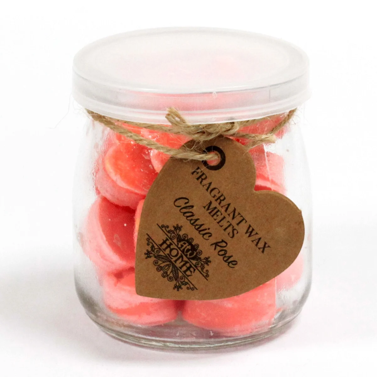 Clear glass jar holding rose‑scented soy wax melts, a wax melt jar for classic fragrance.