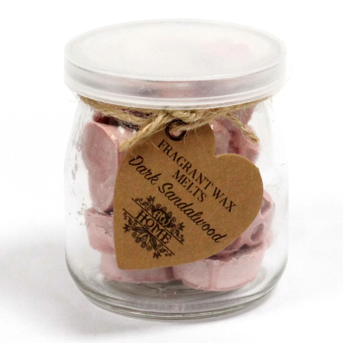 Soy wax melts jar in dark sandalwood, glass jar with dark amber wax inside.