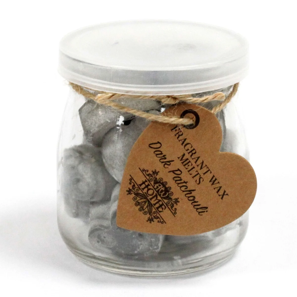Jar of dark patchouli soy wax melts in a clear jar.