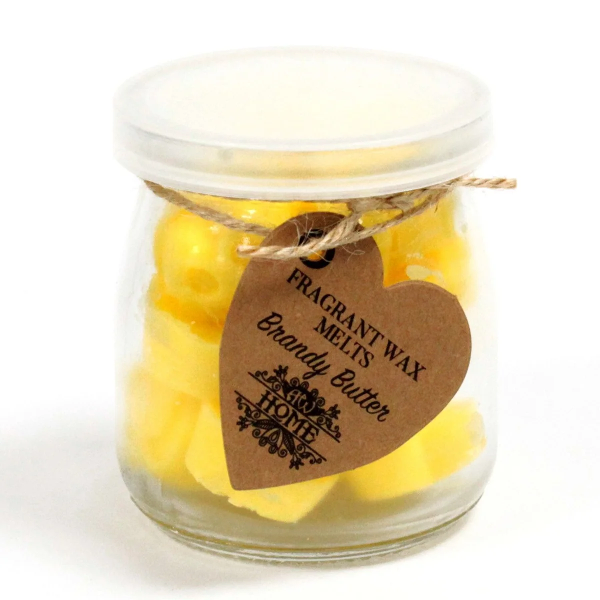 Soy wax melt jar labelled 'brandy butter', a small ceramic container with a clear lid, filled with soft amber wax.