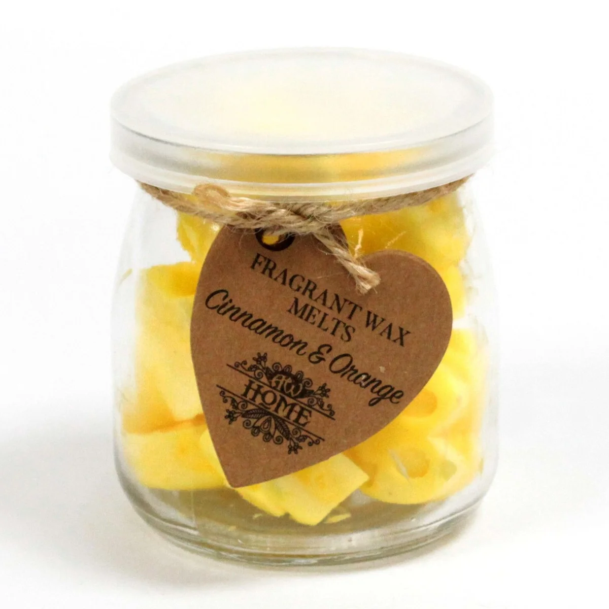 Ceramic jar holding cinnamon and orange soy wax melts, labelled with scent details.