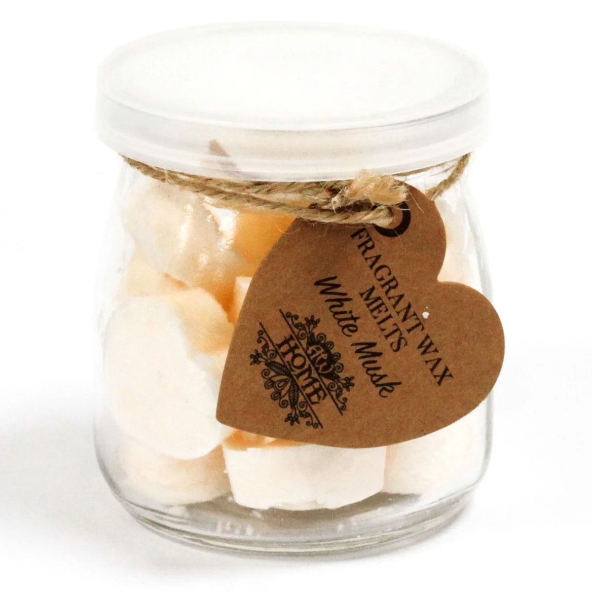 White soy wax melts jar, clear glass with white wax cylinder topped with fragrant white musk swirl.