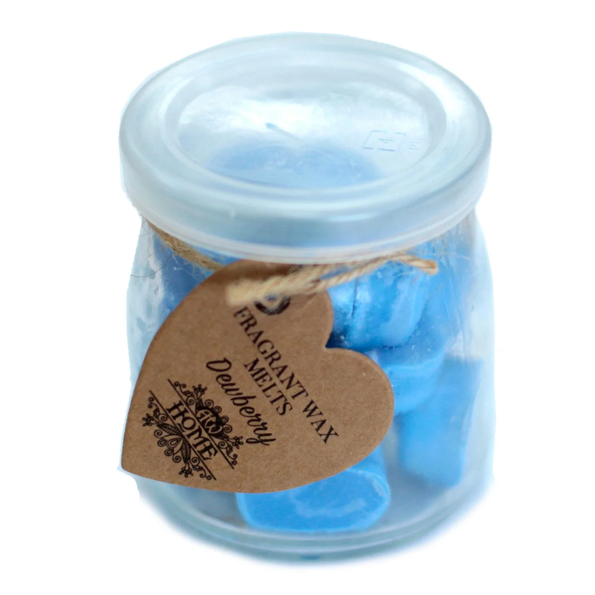 Closed brown glass soy wax melt jar labeled Dewberry