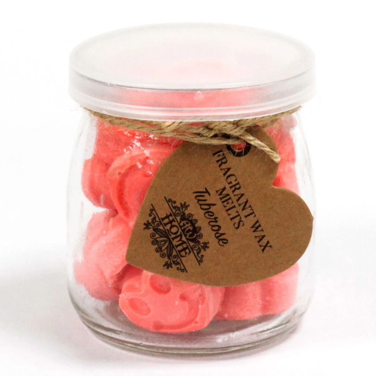 Jar of tuberose soy wax melts in a clear glass jar.