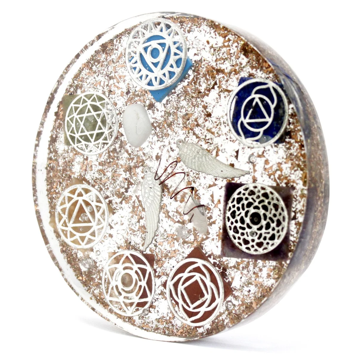 Orgonite desk power pack in Angel Chakra design, large size, surface textured with glass beads.