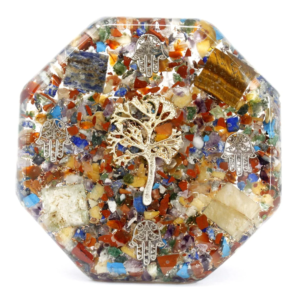 Large orgonite desk power pack with tree of life pattern, vibrant colors, and layered glass beads.