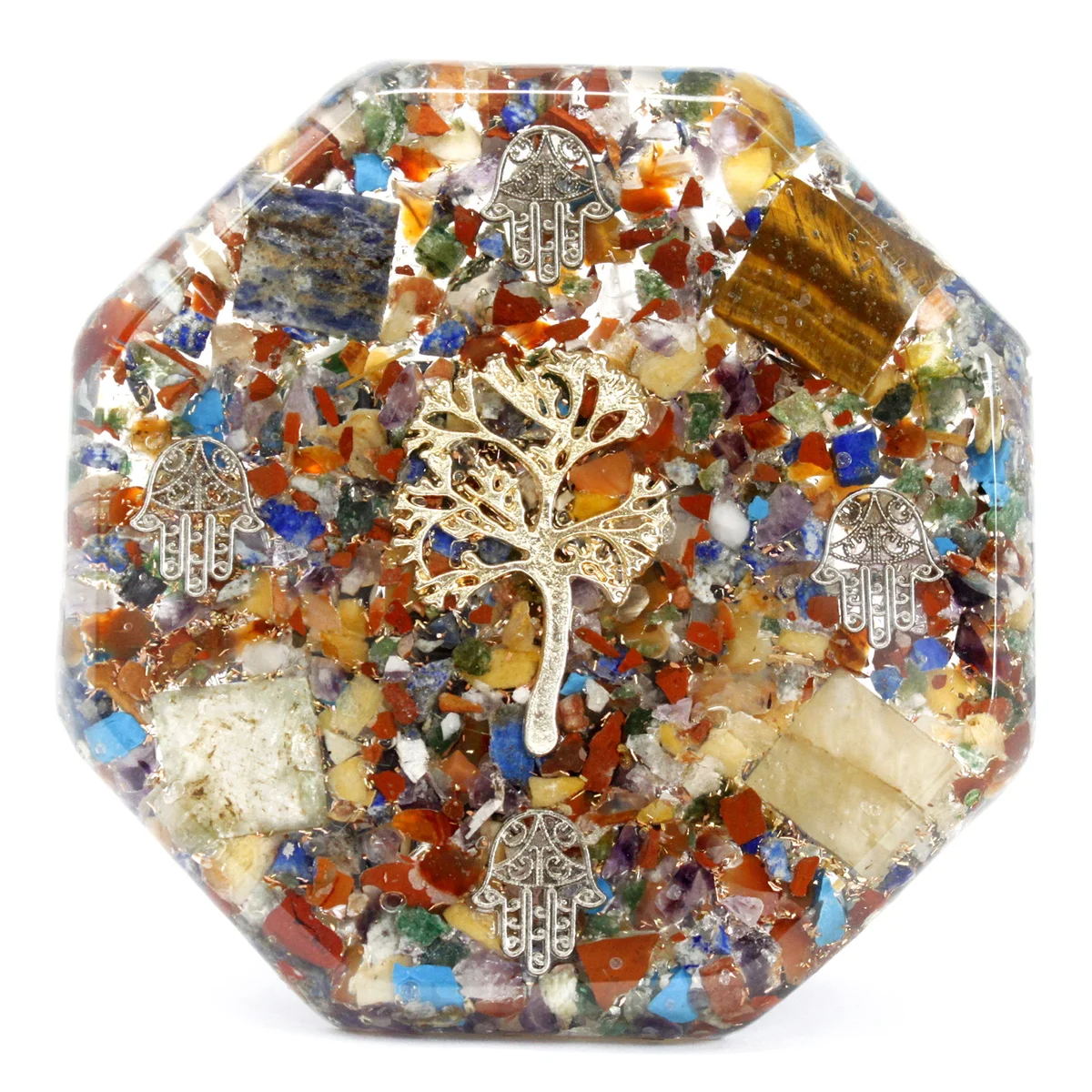 Large Tree of Life orgonite power pack with natural wood frame and crystal inclusions.